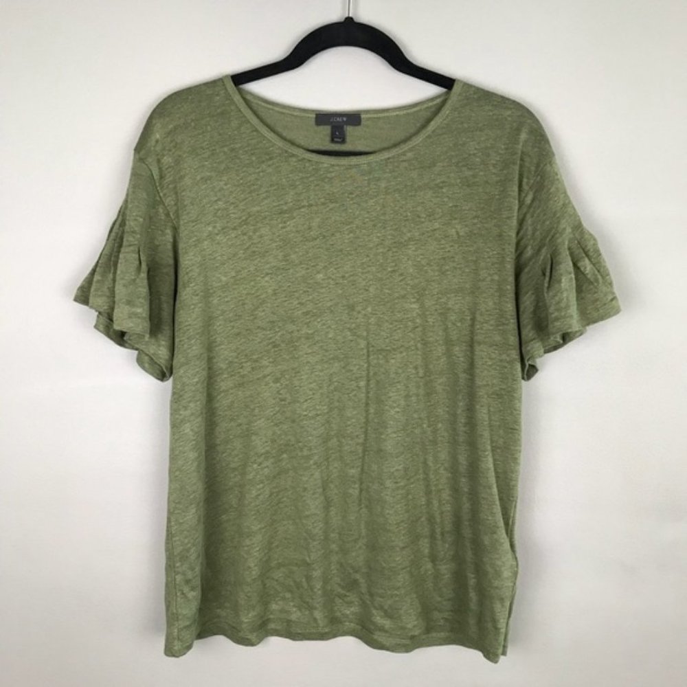 J Crew Green Flutter Sleeve Linen Top G6049